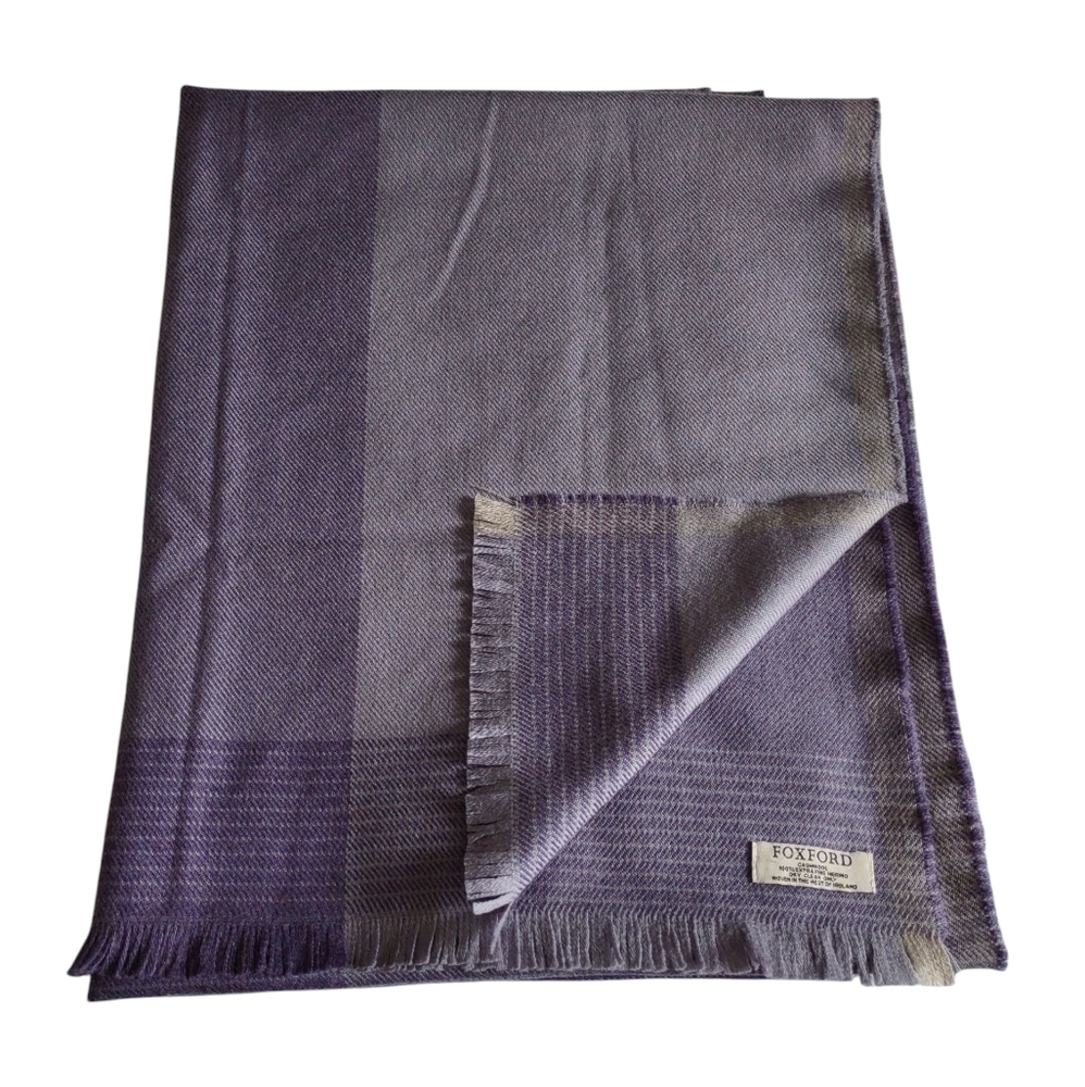Foxford Cashwool 100% Extra Fine Merino Purple Plaid Fringe Scarf 28x74